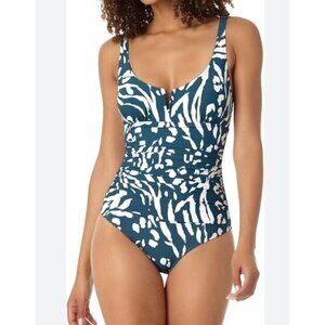 Anne Cole Sz 8 Swimsuit Ruched One-Piece Teal Classic Resortwear Beach Retro